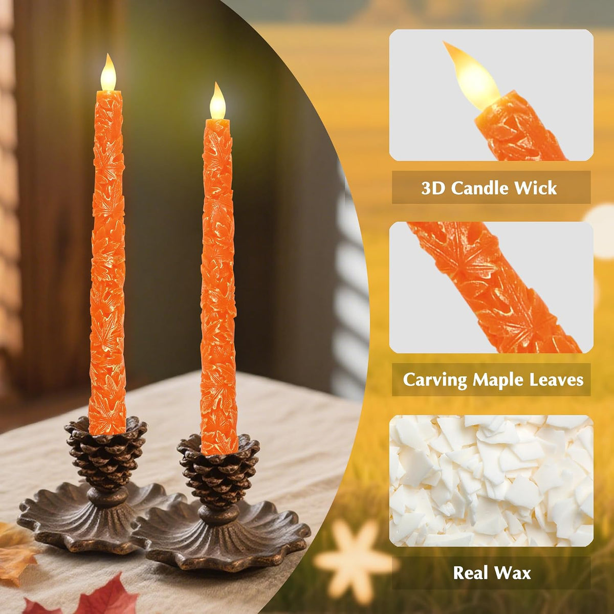 Impress Life Fall Flameless Taper Candles, Carved Maple Leaf Real Wax