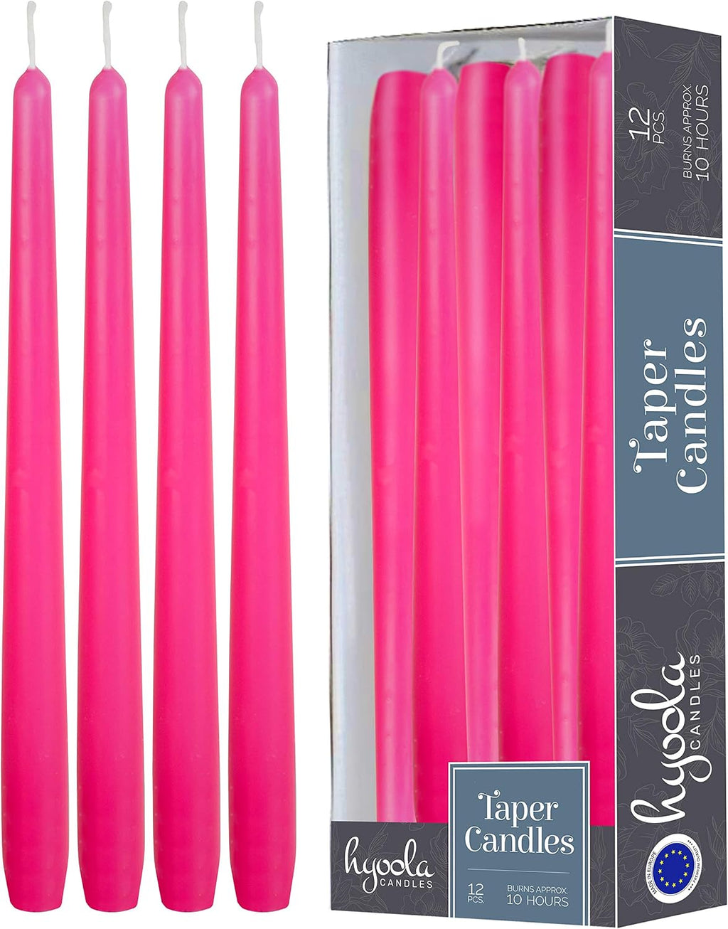 Hyoola 12 Pack Tall Taper Candles - 12 Inch Hot Pink Fuschia Dripless, Unscented Dinner Candle - Paraffin Wax with Cotton Wicks - 10 Hour Burn Time