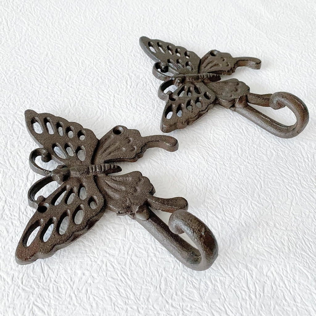 Rustic Butterfly-Shaped Decorative Wall Hook Rack Hangers for Hanging Clothes, Coats, Towels, Keys, and Hats, 2-Pack Antique Cast Iron Mounted Wall Hooks