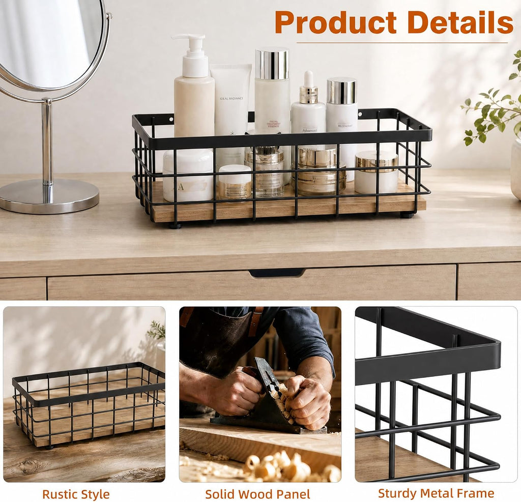 TJ.MOREE Small Metal Wire Basket, Decorative Wood Base Organizer for Bathroom, Kitchen, Basket for Toilet Paper Storage, Sugar Packet, Coffee Syrup, Guest Towel, Napkin