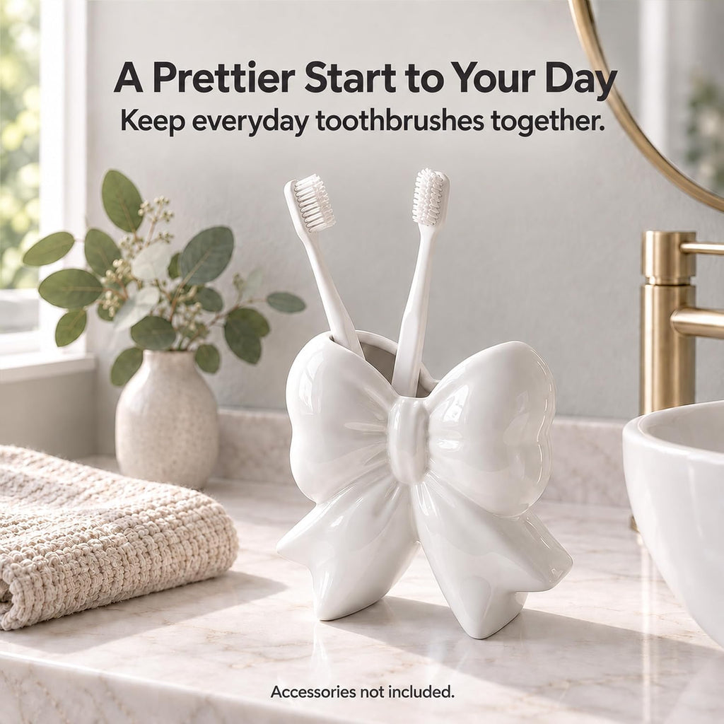 Ivory White Bow Toothbrush Holder, Ceramic Makeup Brush Holder for Vanity