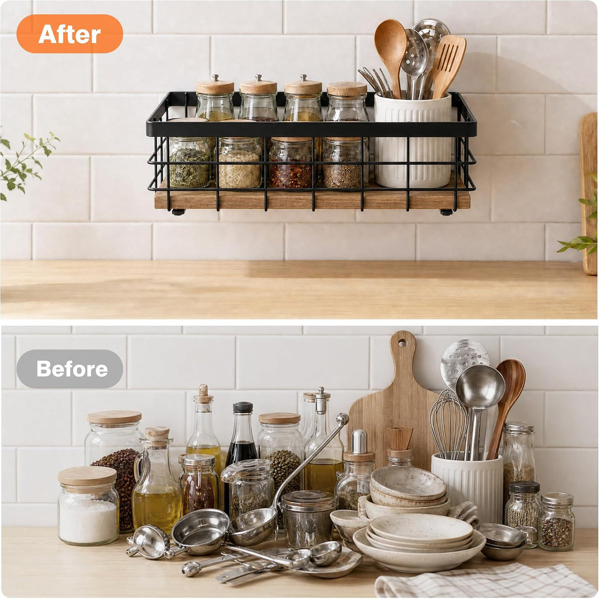 TJ.MOREE Small Metal Wire Basket, Decorative Wood Base Organizer for Bathroom, Kitchen, Basket for Toilet Paper Storage, Sugar Packet, Coffee Syrup, Guest Towel, Napkin