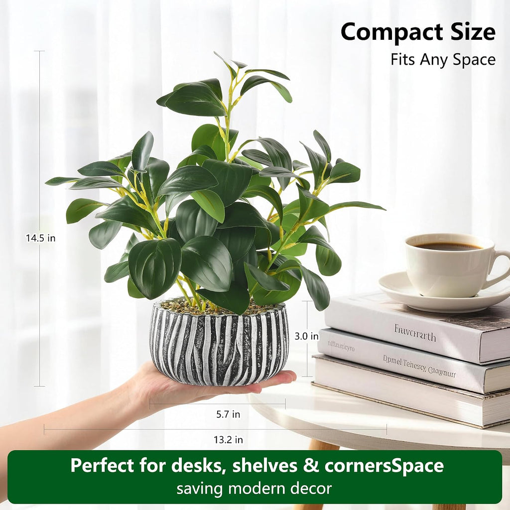florisso Fake Plants Artificial Plants Indoor, Faux Potted Plants Indoor Artificial Succulents with Fig Leaf Look Real Greenery with Planter for Office Desk Coffee Table Home Decor(Black White)