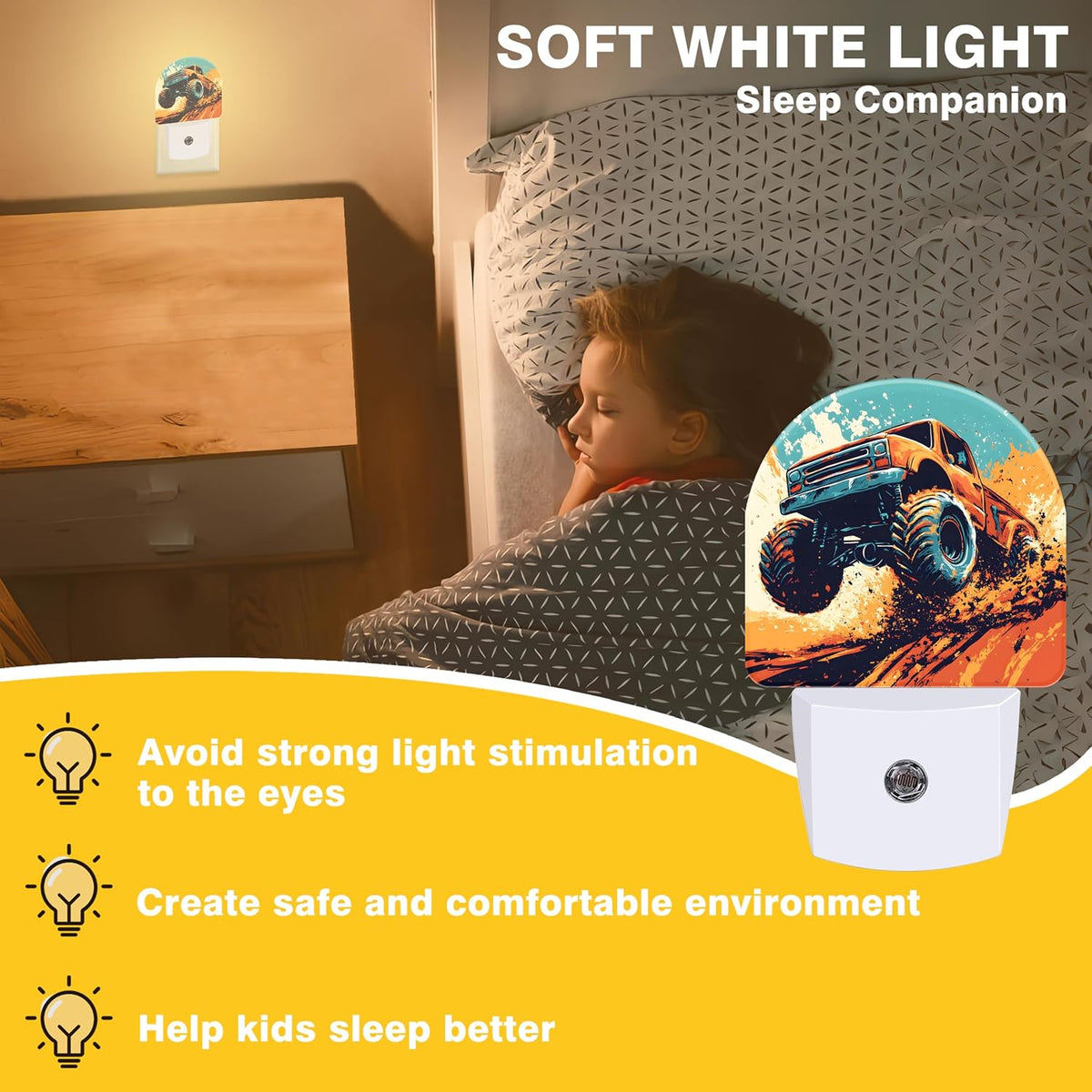 Night Lights Plug into Wall Cartoon Monster Truck Night Light Dusk to Dawn Smart Sensor Decorative Round Led Lamp for Bedroom Kitchen Hallway Nightlight for Women Men