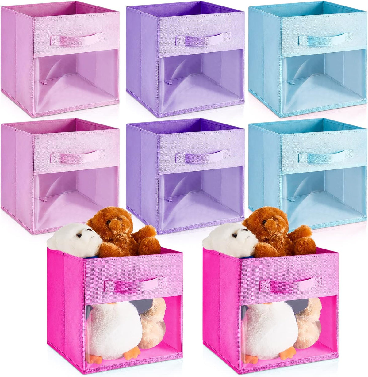 Marsui 8 Pcs Cube Storage Bins with Clear Window 11'' Daycare Storage Cube Organizer Bins for Closet Kid Nursery Playroom with Handle Fabric Collapsible Storage Cubes(Blue, Purple, Rose, Pink)