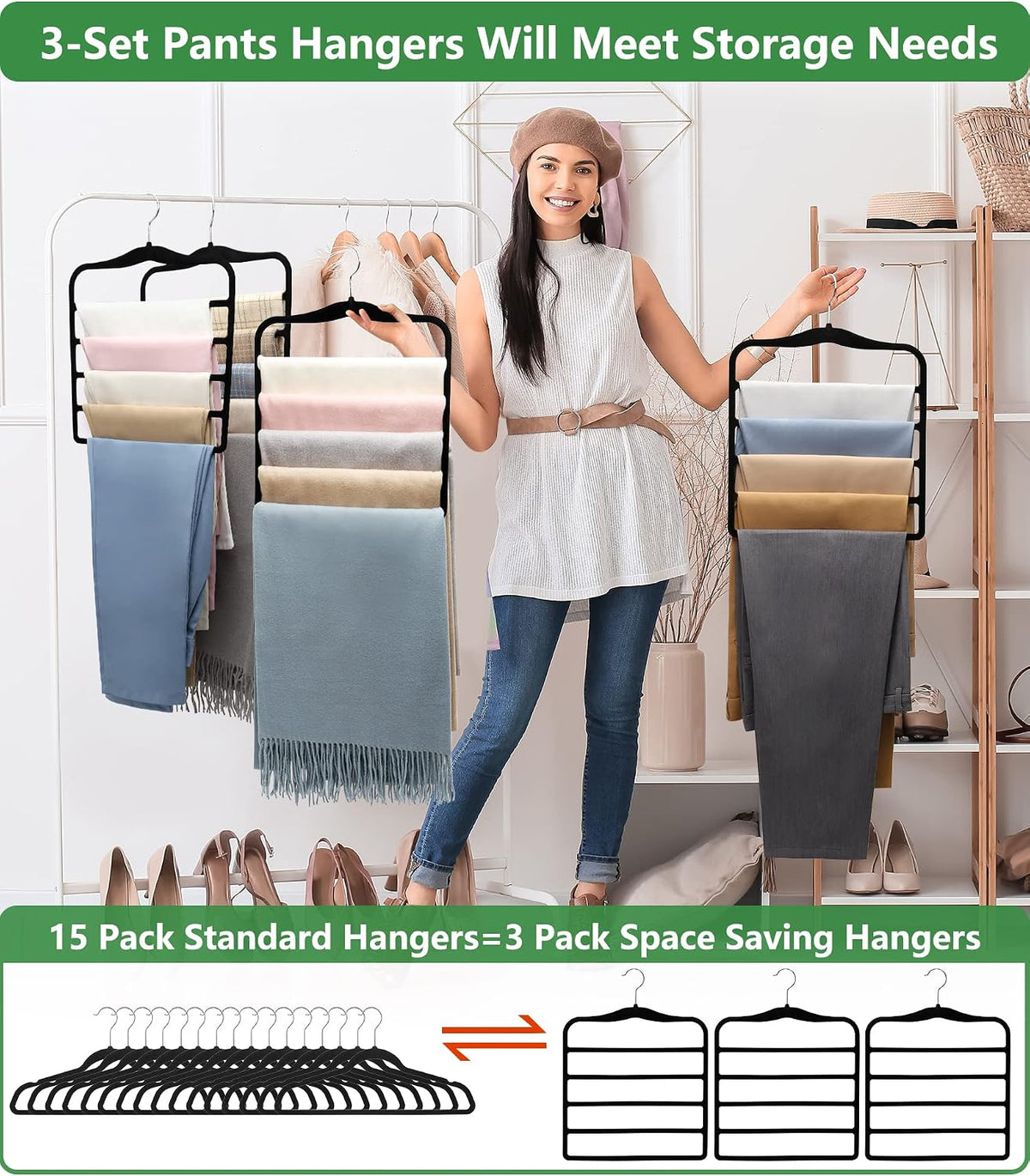 Closet Organizers and Storage, 3 Pack Pants Hangers Space Saving