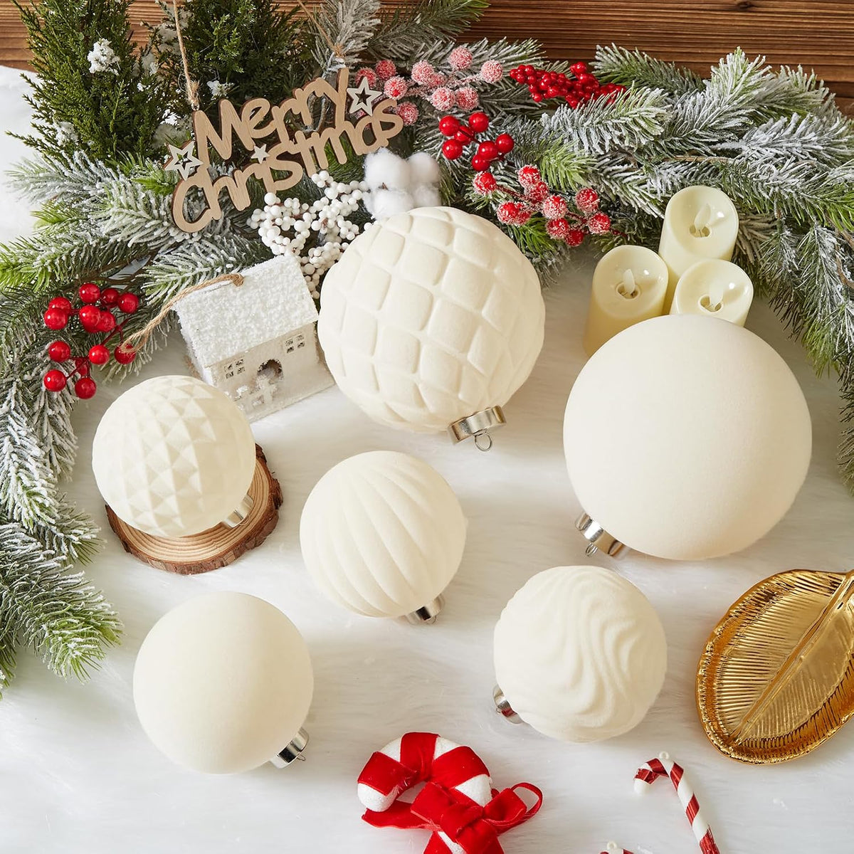 Large Velvet Christmas Ball Ornaments - 6 Inch Flocked Christmas Balls Shatterproof Decorative Hanging Ornaments Set for Xmas Tree Holiday Wedding Party Decor (Cream, 2pcs)