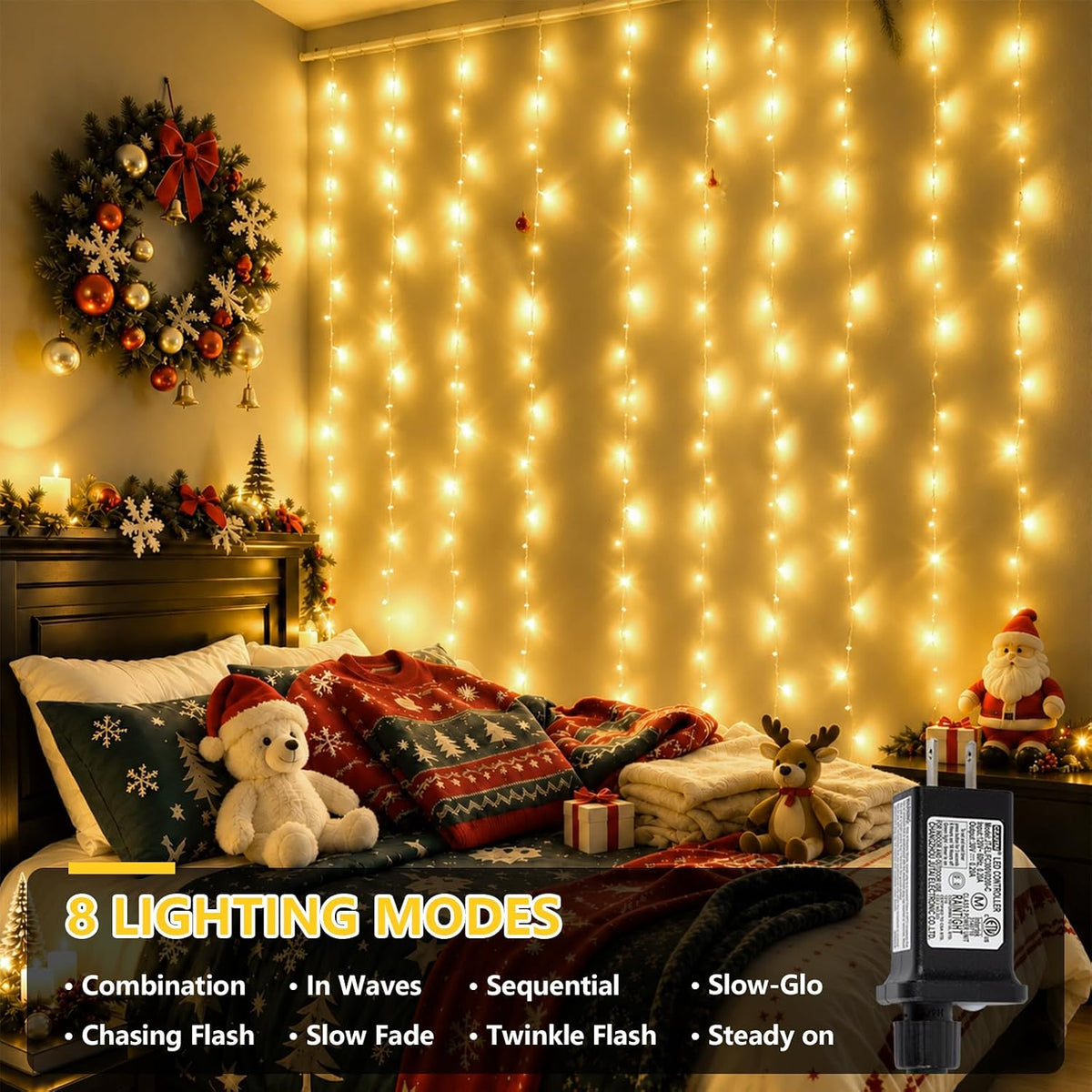 YEGUO 300 LED Warm White Christmas Lights, Curtain Lights Plug in, 8 Modes Hanging String Lights for Bedroom Wall Window Backdrop Indoor Outdoor Party Xmas Decorations-9.8x9.8ft
