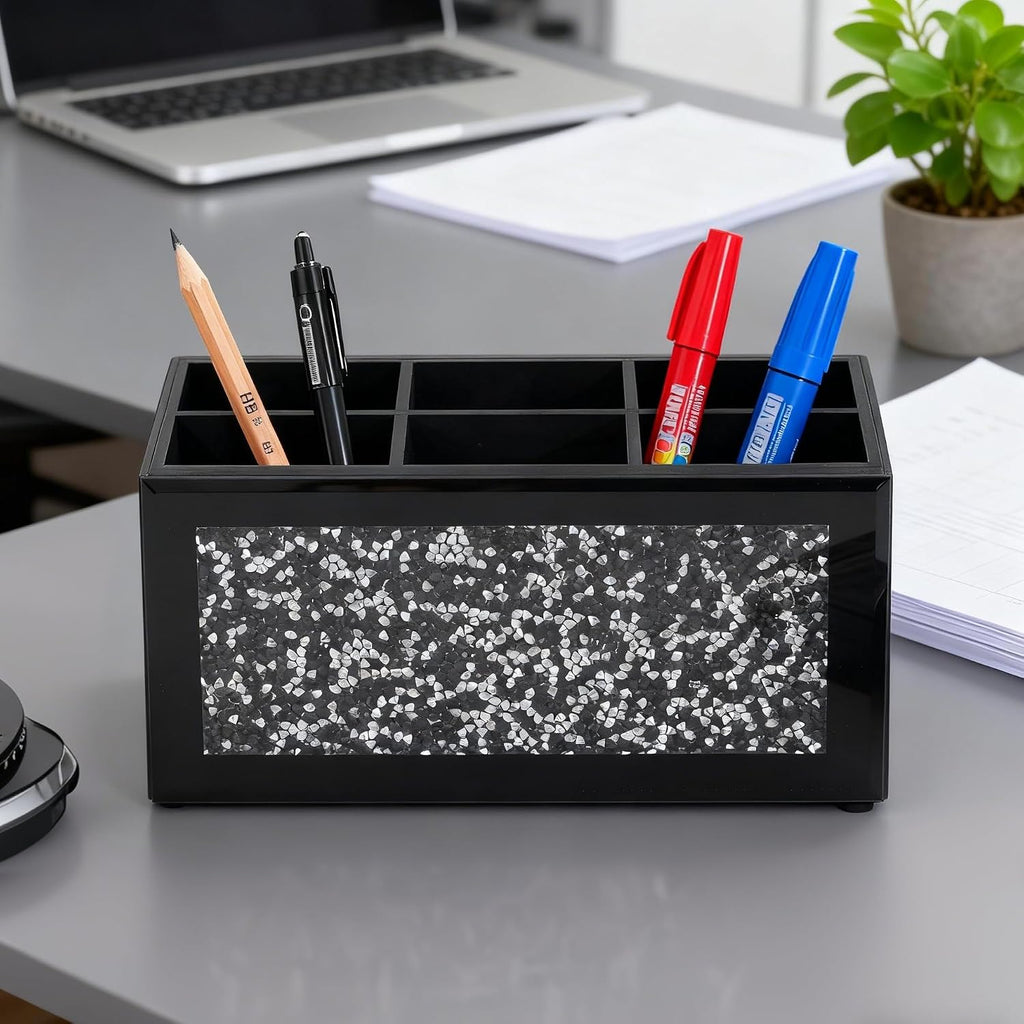 SHYFOY Glass Remote Control Holder with 6 Compartments TV Remote Caddy Storage Box,Desktop Organizer Store Controller,Glasses,Brush,Media Player,Pen,Space Saver for Bedside Table/Office Desk(Black)