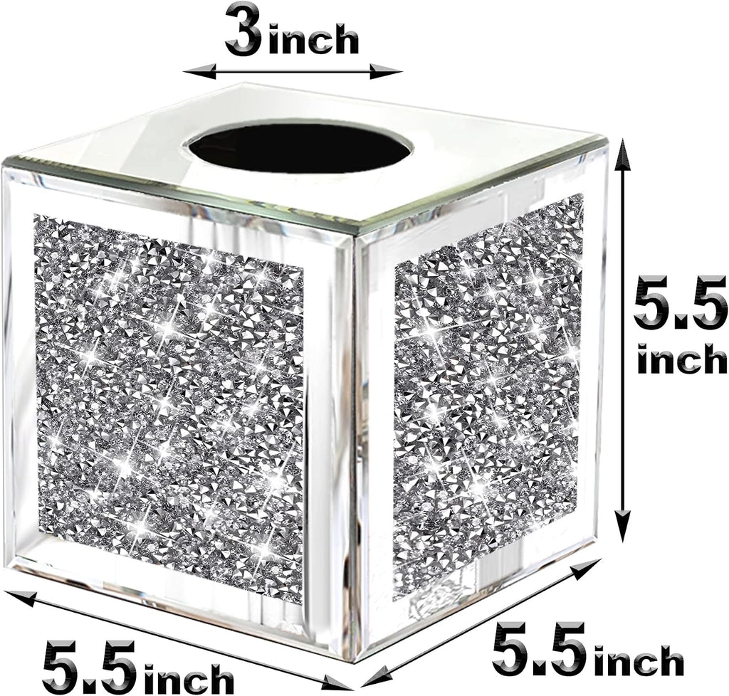 Wocred Square Mirrored Tissue Box Cover,Crystal Crushed Diamond Tissue Box,Silver Luxury Tissue Holders for Either Tissues in a Bathroom or Napkins on a Table.(5.5”x5.5”x5.5”)