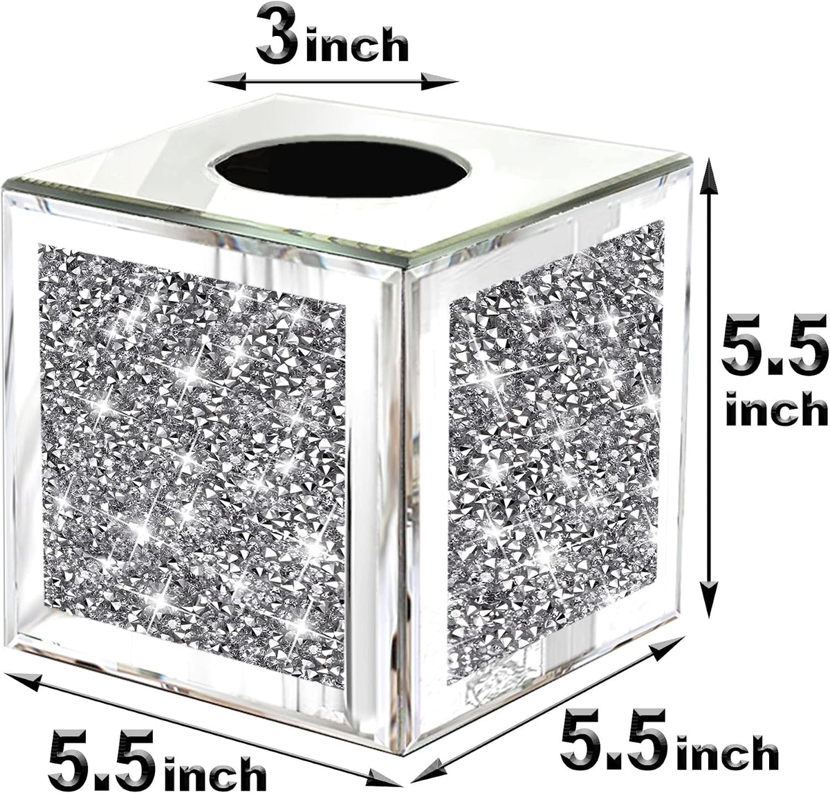 Wocred Square Mirrored Tissue Box Cover,Crystal Crushed Diamond Tissue Box,Silver Luxury Tissue Holders for Either Tissues in a Bathroom or Napkins on a Table.(5.5”x5.5”x5.5”)