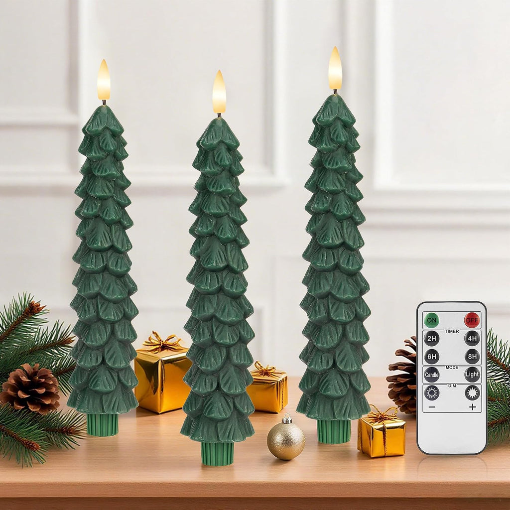 JOIONE Flameless Christmas Tree Taper Candles with Remote Set of 3, Green