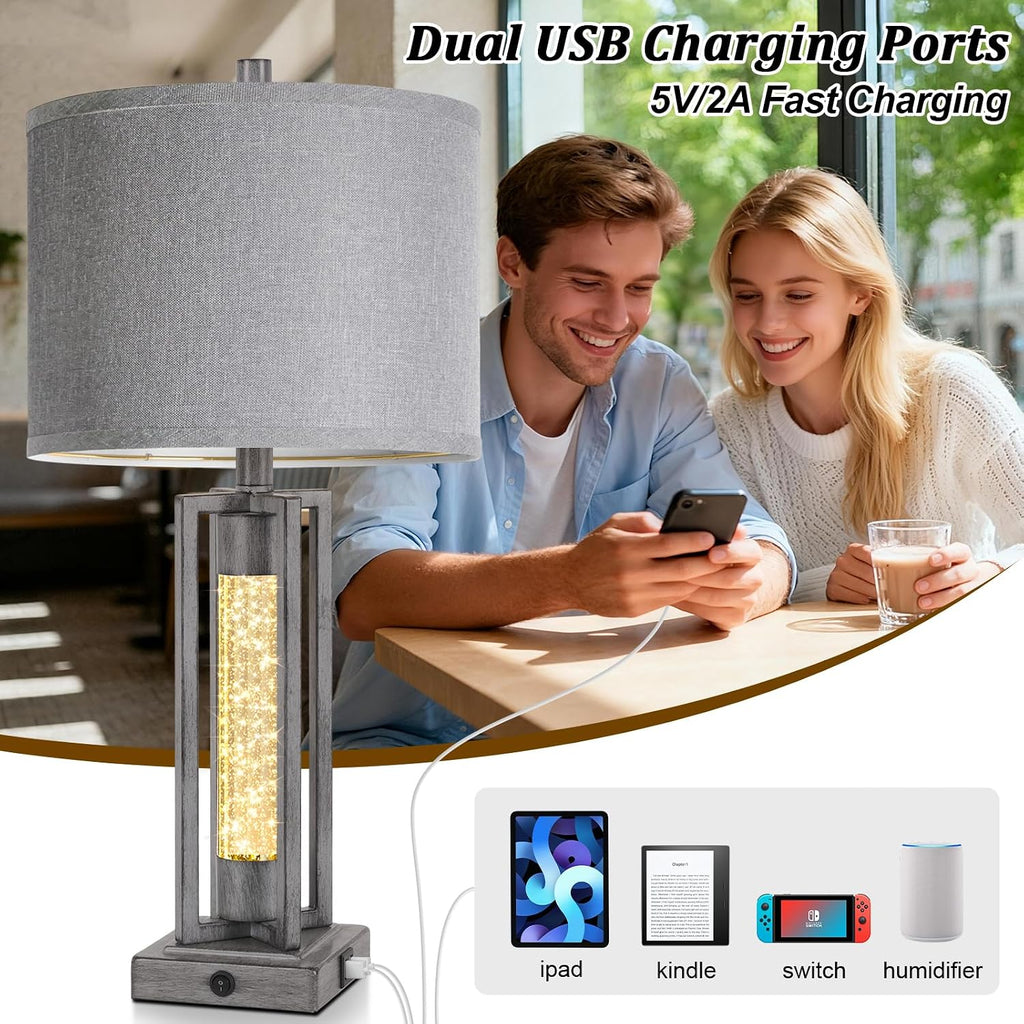 TOBUSA 26’’ Farmhouse Table Lamps for Living Room Set of 2, Modern Nightstand Lamps with Crystal Night Light & 2 USB Ports, Vintage Home Decor Grey Bedside Lamps with Gray Linen Shade for Bedroom