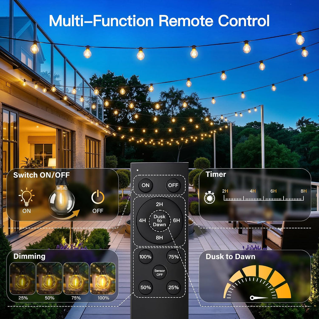 Outdoor String Lights, 50FT G40 Patio Lights with Remote, Balck