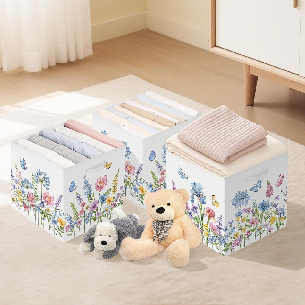 Clastyle 11.8" Flower Storage Basket Set of 3 for Kid Women Toy Clothes Bin