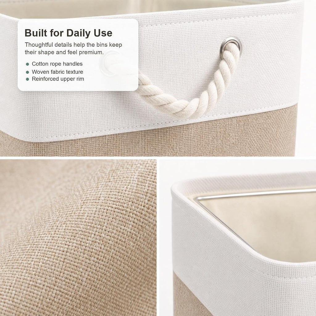 11x11 Inch Cube Storage Bins, 8 Pack Collapsible Fabric Storage Cubes with Rope Handles, Waterproof Foldable Storage Baskets for Cube Shelves, Closet, Clothes, Toys, Books, White & Beige Gold