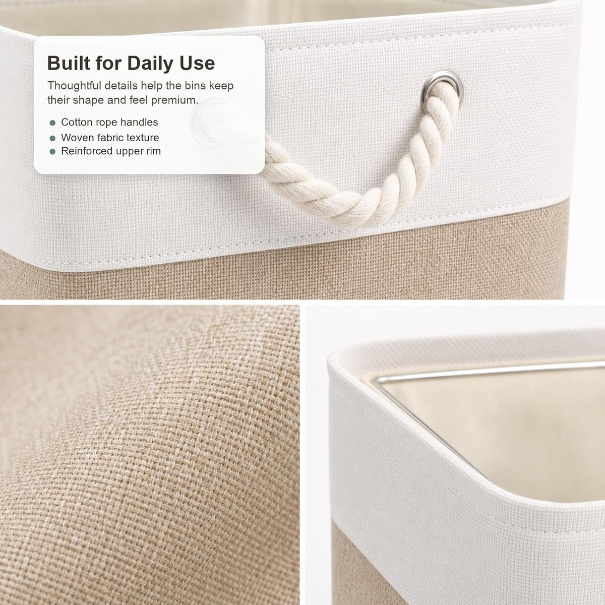 11x11 Inch Cube Storage Bins, 8 Pack Collapsible Fabric Storage Cubes with Rope Handles, Waterproof Foldable Storage Baskets for Cube Shelves, Closet, Clothes, Toys, Books, White & Beige Gold