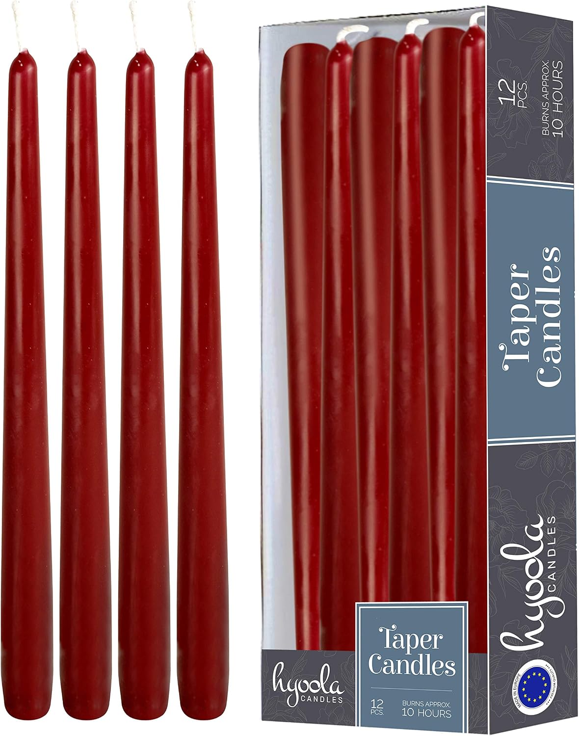 12 Pack Tall Taper Candles - 12 Inch Burgundy Dripless, Unscented Dinner Candle - Paraffin Wax with Cotton Wicks - 10 Hour Burn Time