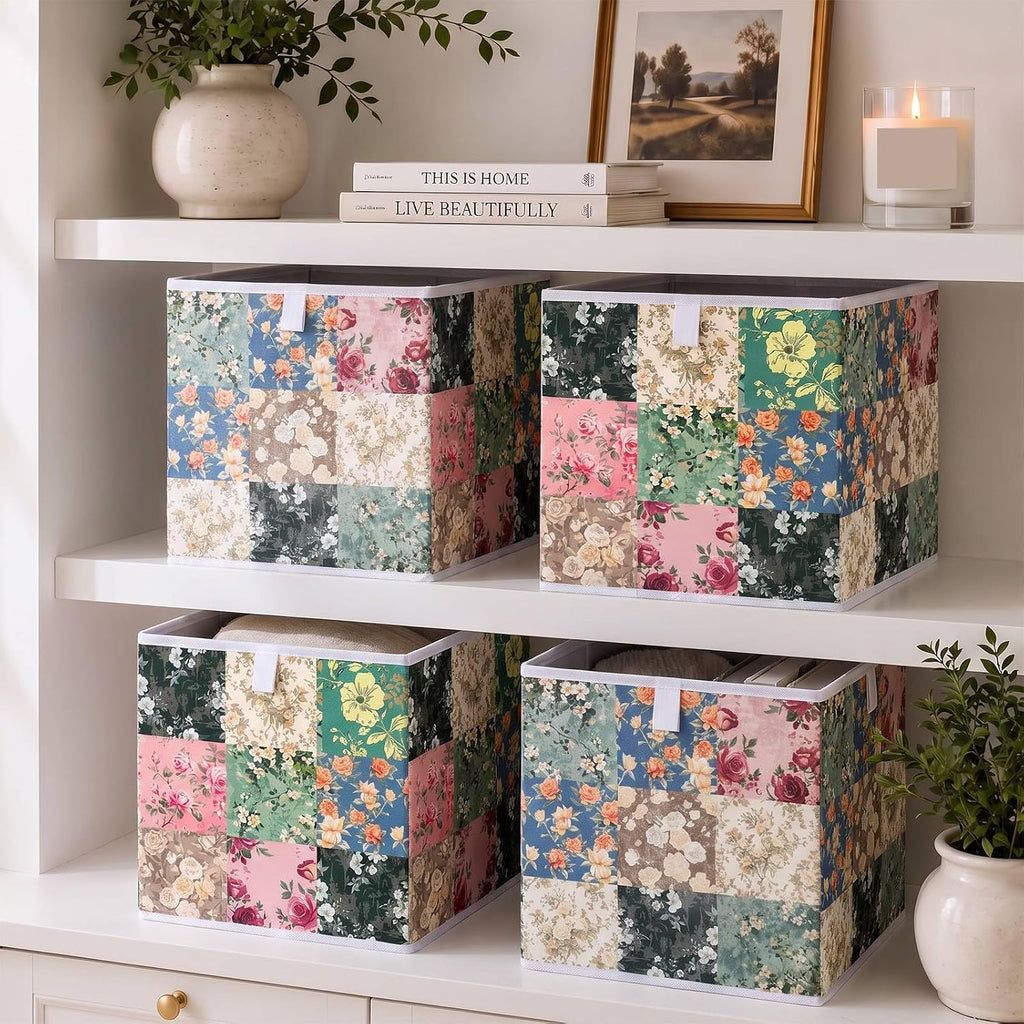 Yookeer 6 Pcs Green Floral Cube Storage Bin 11" Foldable Basket with Handle