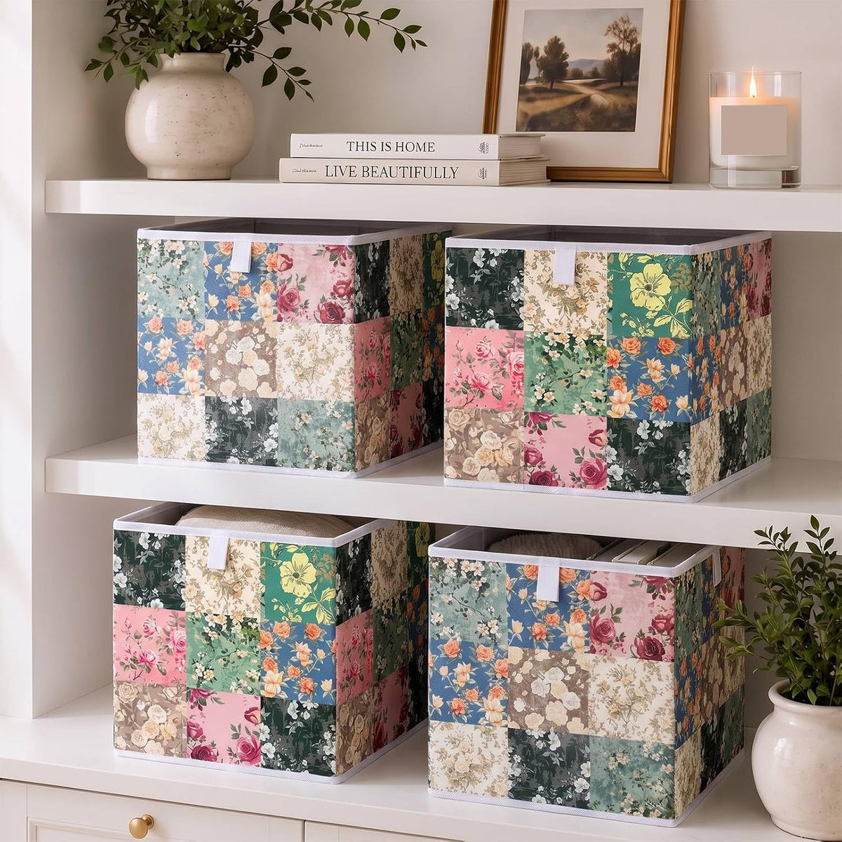 Yookeer 6 Pcs Green Floral Cube Storage Bin 11" Foldable Basket with Handle