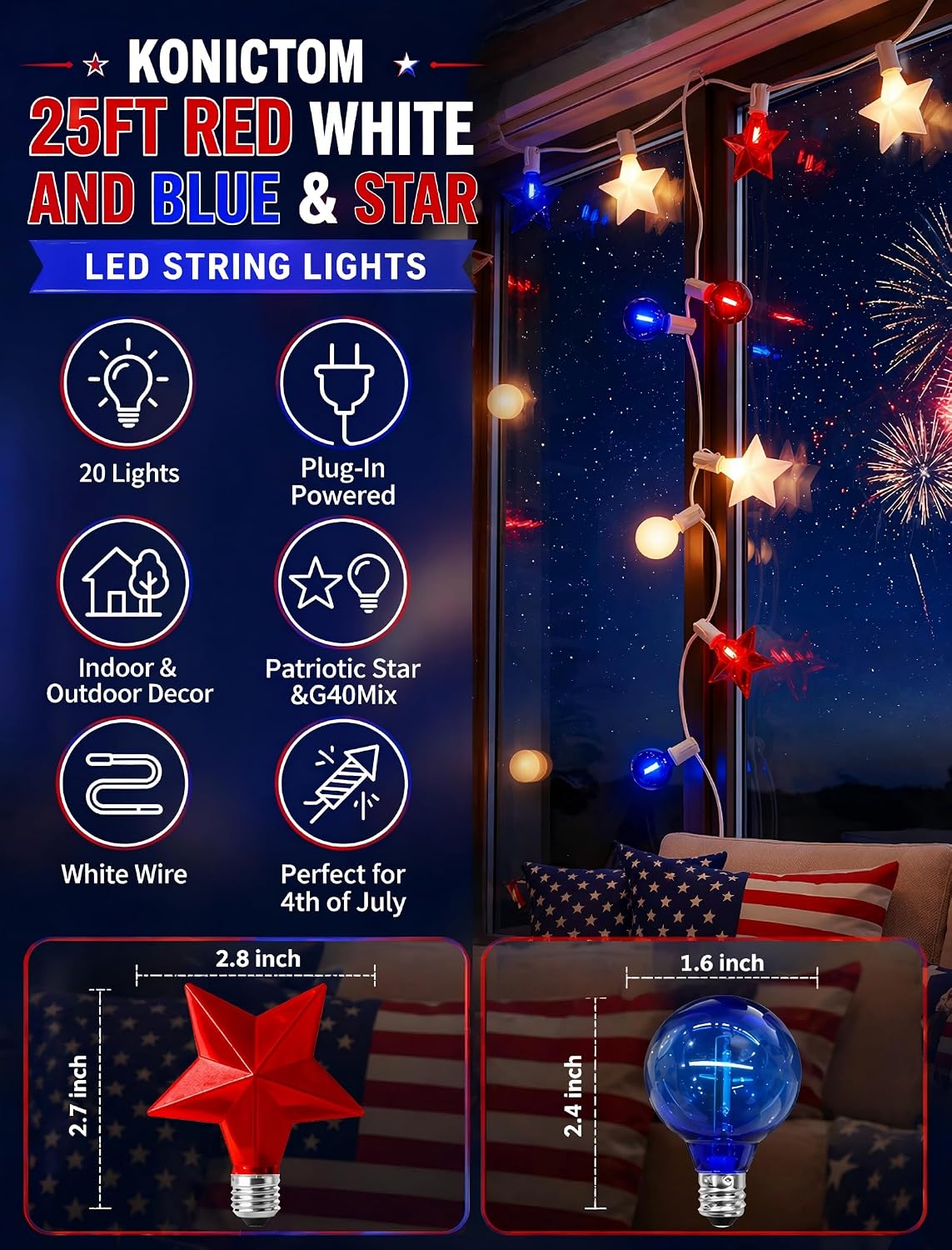 4th of July Red White and Blue Lights String, 25FT 20 LED Patriotic Star G40 Globe Decorations for Independence Day Outdoor Decor, Memorial Day Fourth of July Lights for Home Window Porch, White Wire