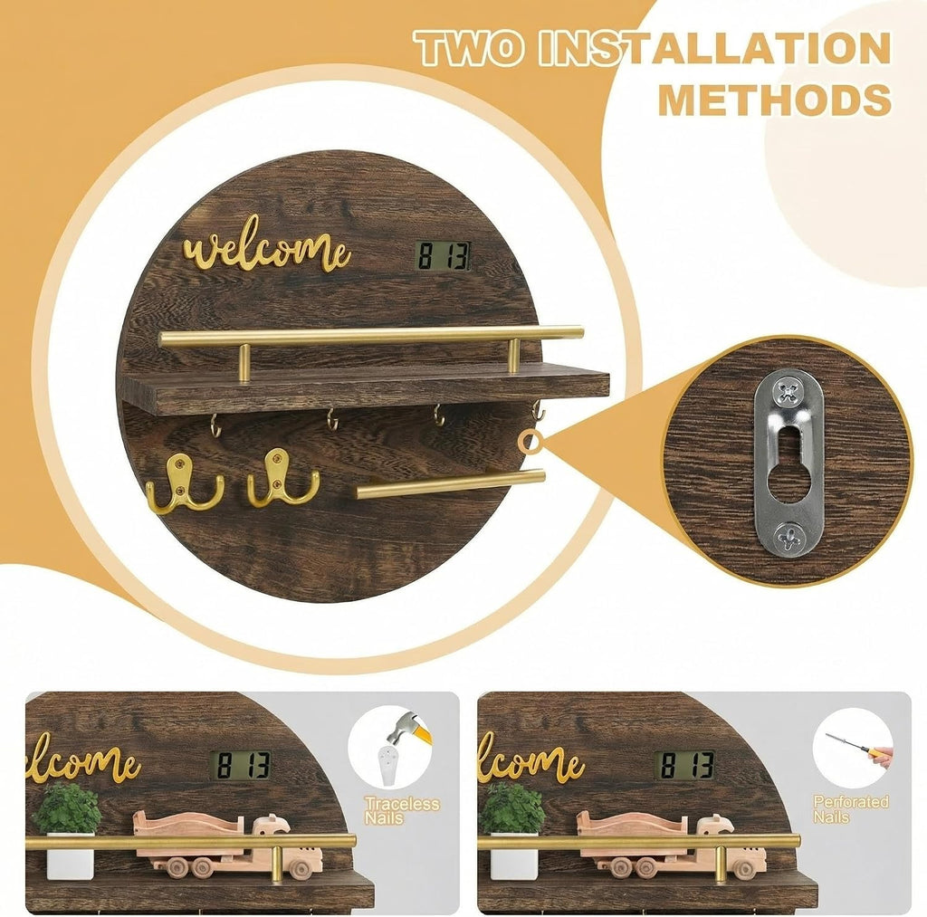 Key Holder for Wall, Key and Mail Holder Organizer with - Key Holder Wall Mount - Round Wooden Rustic Home Decor for Entryway, Mudroom, Hallway, Kitchen Office (Brown&Gold)