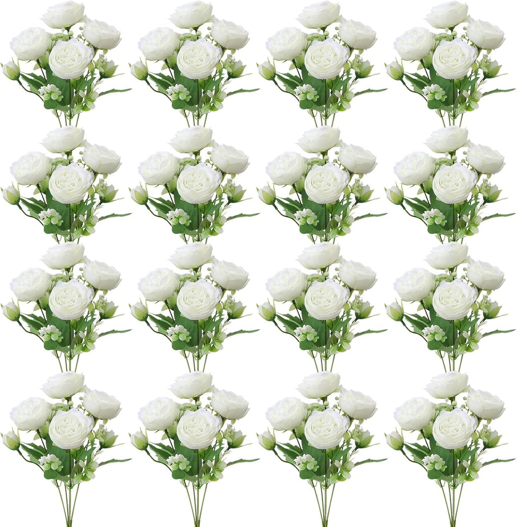 16 Pack White Peonies Artificial Flowers, Fake Silk Hydrangea Bouquet for Bridal Wedding Home Table Decor Reusable Dining Opening Ceremony Birthday Arrangement Faux Floral
