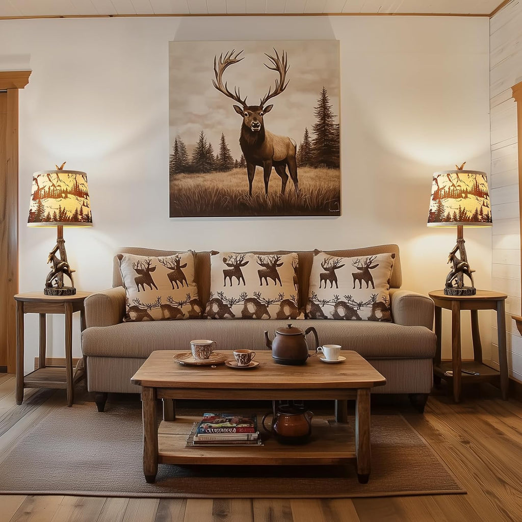 23'' Rustic Deer Antler Table Lamps Set of 2 for Log Cabin Bedroom Nightstand Western Country Side Lamp for Living Room End Table Study Room Desk, Brown, Forest Print Shade