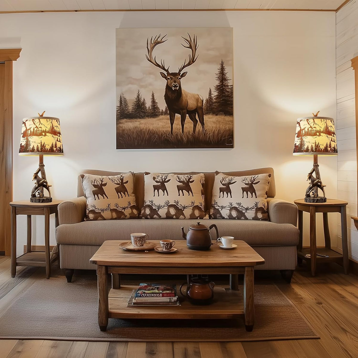 23'' Rustic Deer Antler Table Lamps Set of 2 for Log Cabin Bedroom Nightstand Western Country Side Lamp for Living Room End Table Study Room Desk, Brown, Forest Print Shade