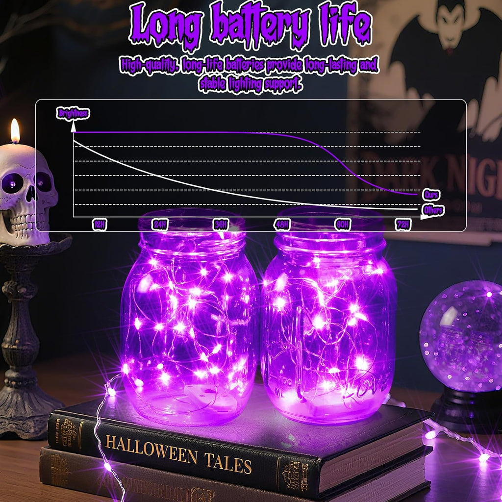 Halloween Purple Fairy Lights Battery Operate,7.2ft 20 LEDs String Lights Silver Copper Wire for Hallowen Christmas DIY Decoration Wedding Party (6 Pack)