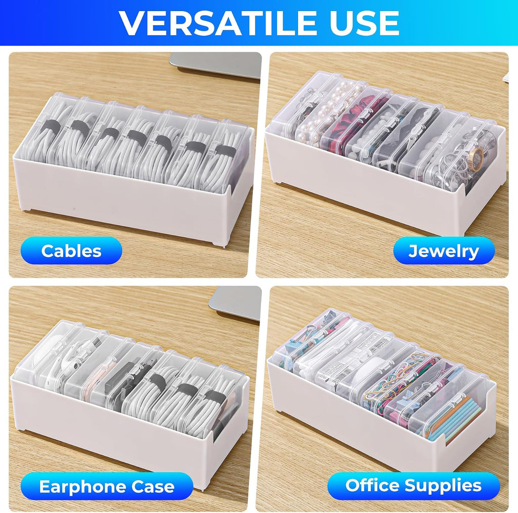 2 Pack Cable Organizer Box with 14 Clear Switch Case, Cable Straps and Label Stickers, Travel Cord Organizer for Charging Cables, USB Wires, Earphones – Drawer Organization for Home & Office