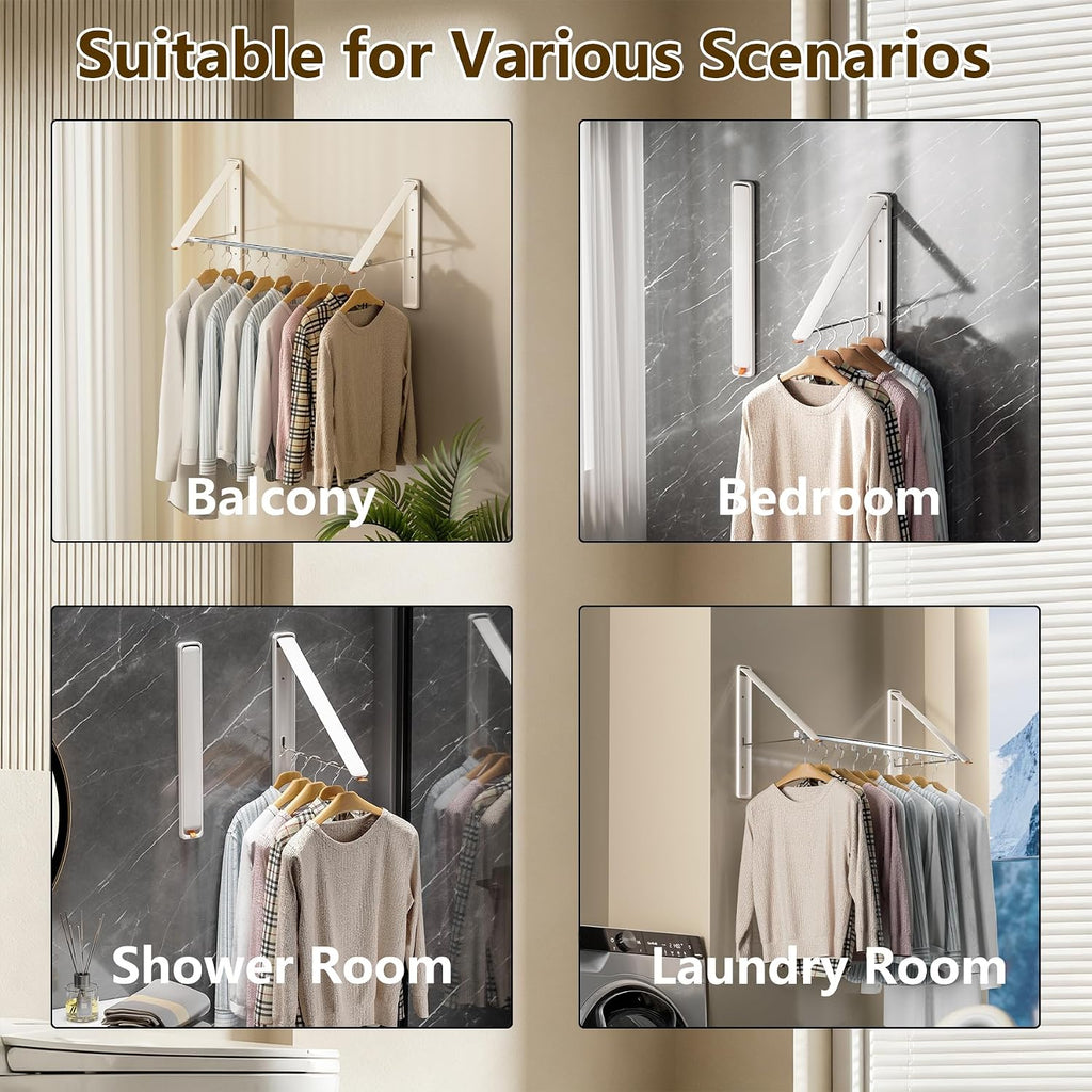 Clothes Drying Rack, Laundry Room Wall Mounted Retractable Clothes Hanger Drying Rack, Laundry Clothing Drying Rack Folding Indoor or Outdoor, Aluminium Dryer, 2pcs(White with 80cm bar)
