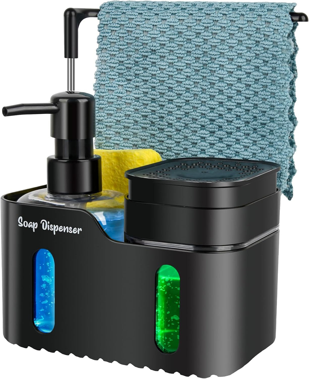Hand Soap and Dish Soap Dispenser Set for Kitchen, Dual Soap Dispenser with Sponge Holder and Dishcloth Holder 4-in-1 Organizer for Kitchen Sink Countertop, Useful Kitchen Gadgets (Black)