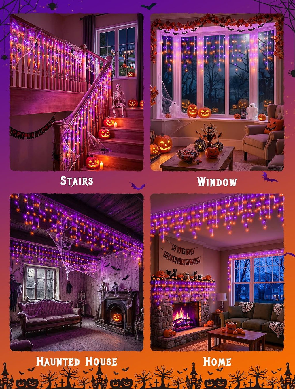 Halloween Icicle Lights Outdoor,300 LED Purple and Orange Lights