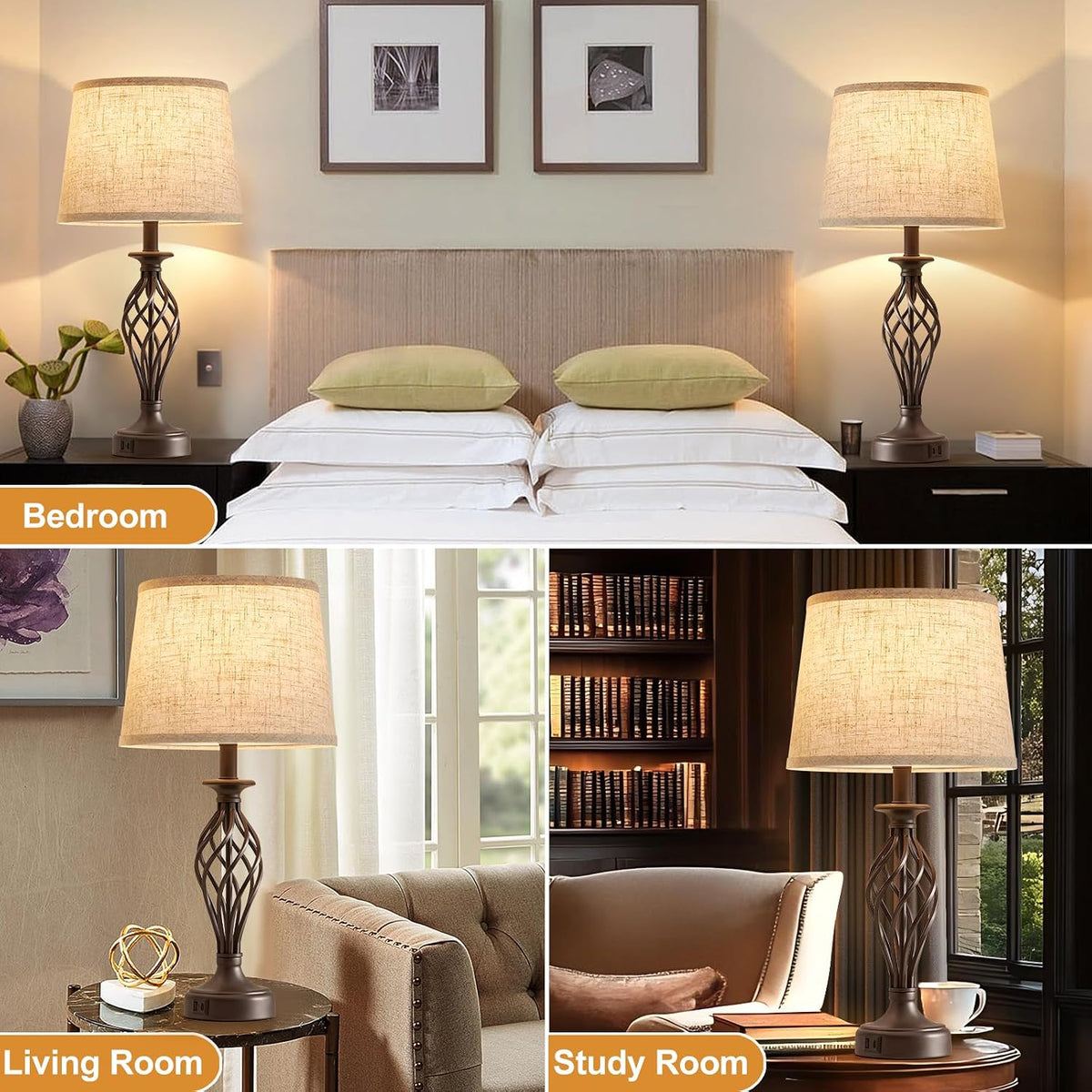 Table Lamp for Bedroom Set of 2 with USB C+A Ports,Modern Night Stand Lamp