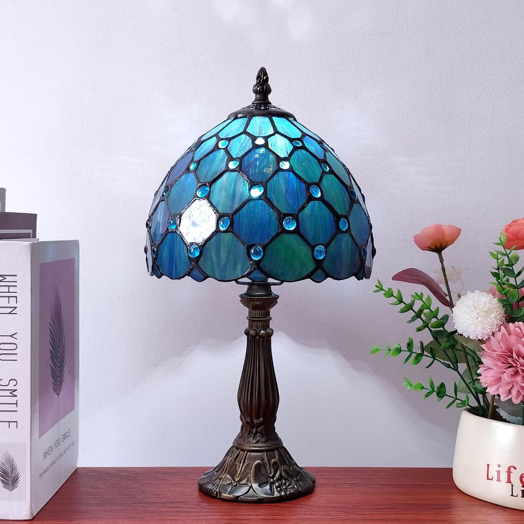 Small Tiffany Table Lamp 8 Inch Blue Pearls Style Tiffany Style Stained Glass Antique Light Bedroom Bedside Lamp Retro Reading Light