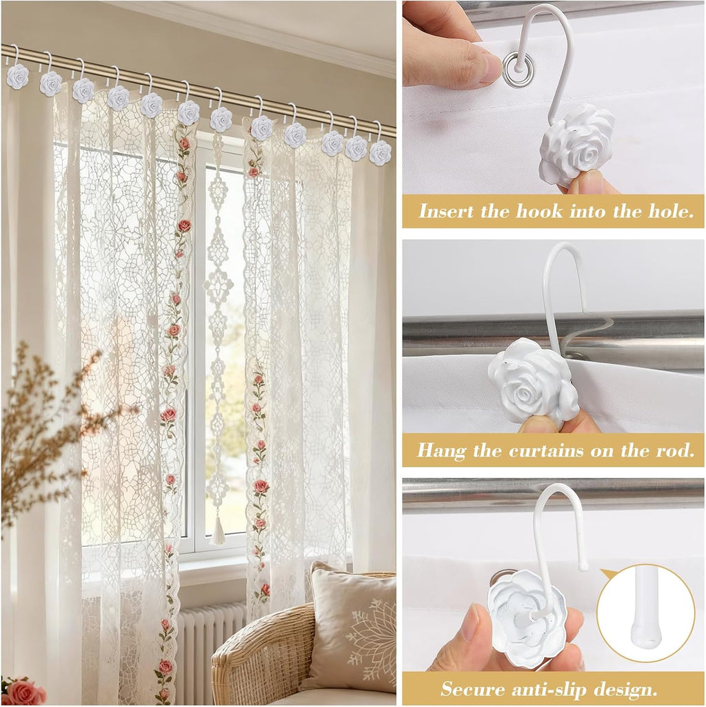 Metal Rose Shower Curtain Hooks, Rust-Resistant Hooks for Shower Curtain Rods, Set of 12, Beautiful Floral Rose Design Bathroom Decoration Hooks (White)