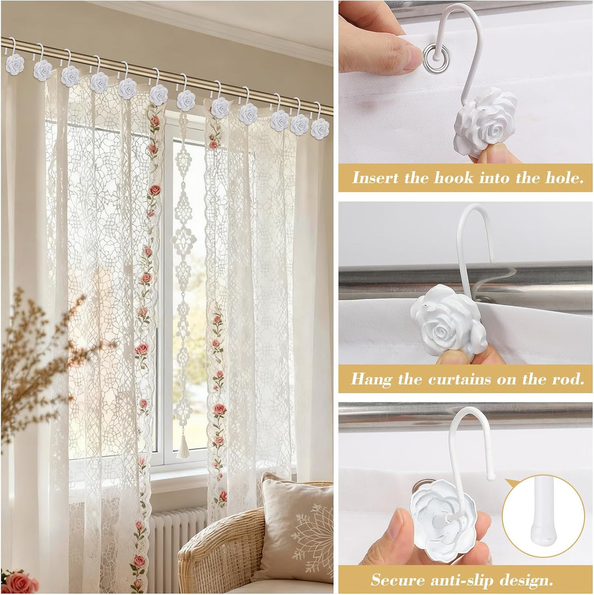 Metal Rose Shower Curtain Hooks, Rust-Resistant Hooks for Shower Curtain Rods, Set of 12, Beautiful Floral Rose Design Bathroom Decoration Hooks (White)