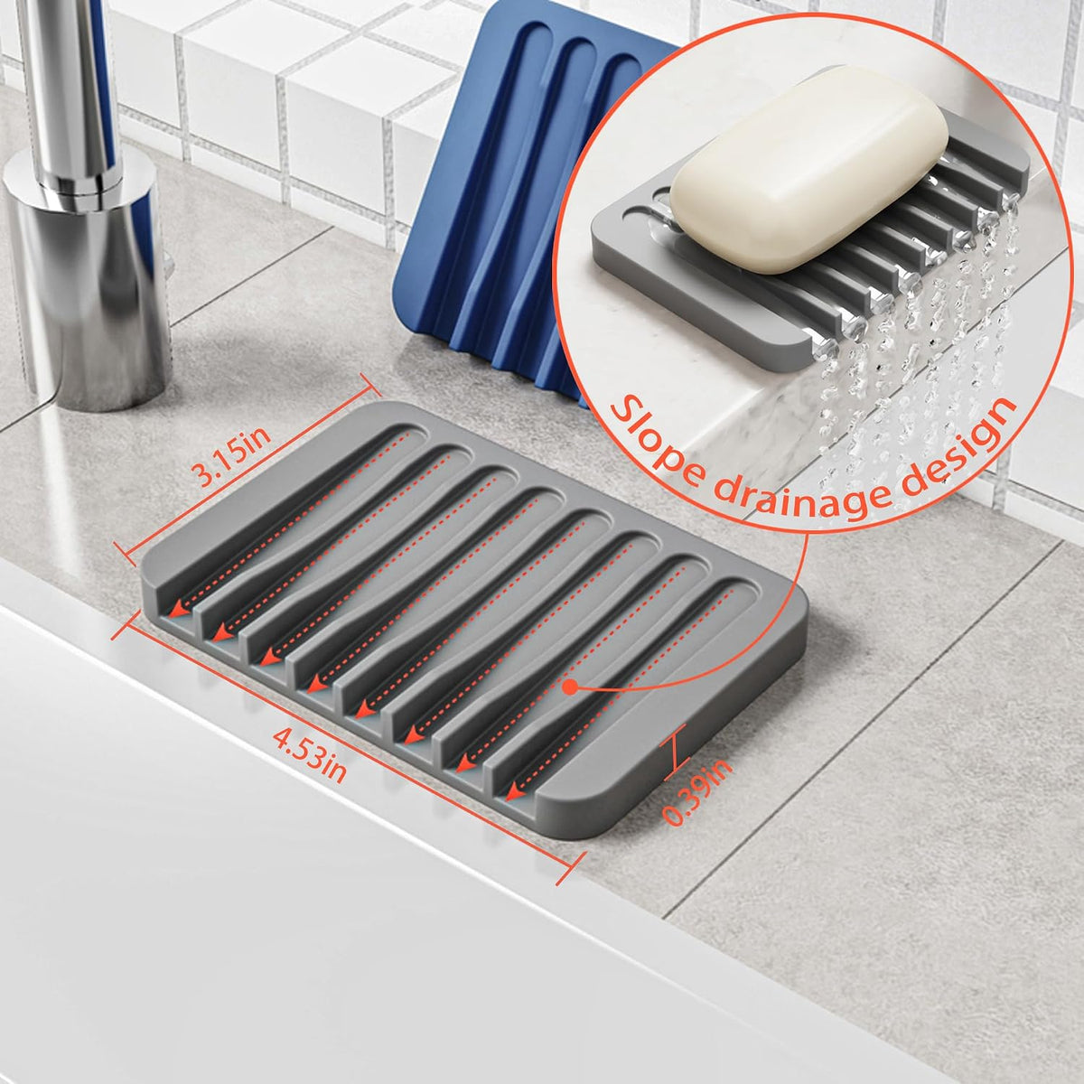 4-Pack Self Draining Soap Dish for Shower Bathroom Waterfall Silicone Soap Saver Tray Sponge Holder for Kitchen Sink Non-Slip Easy Clean (White)