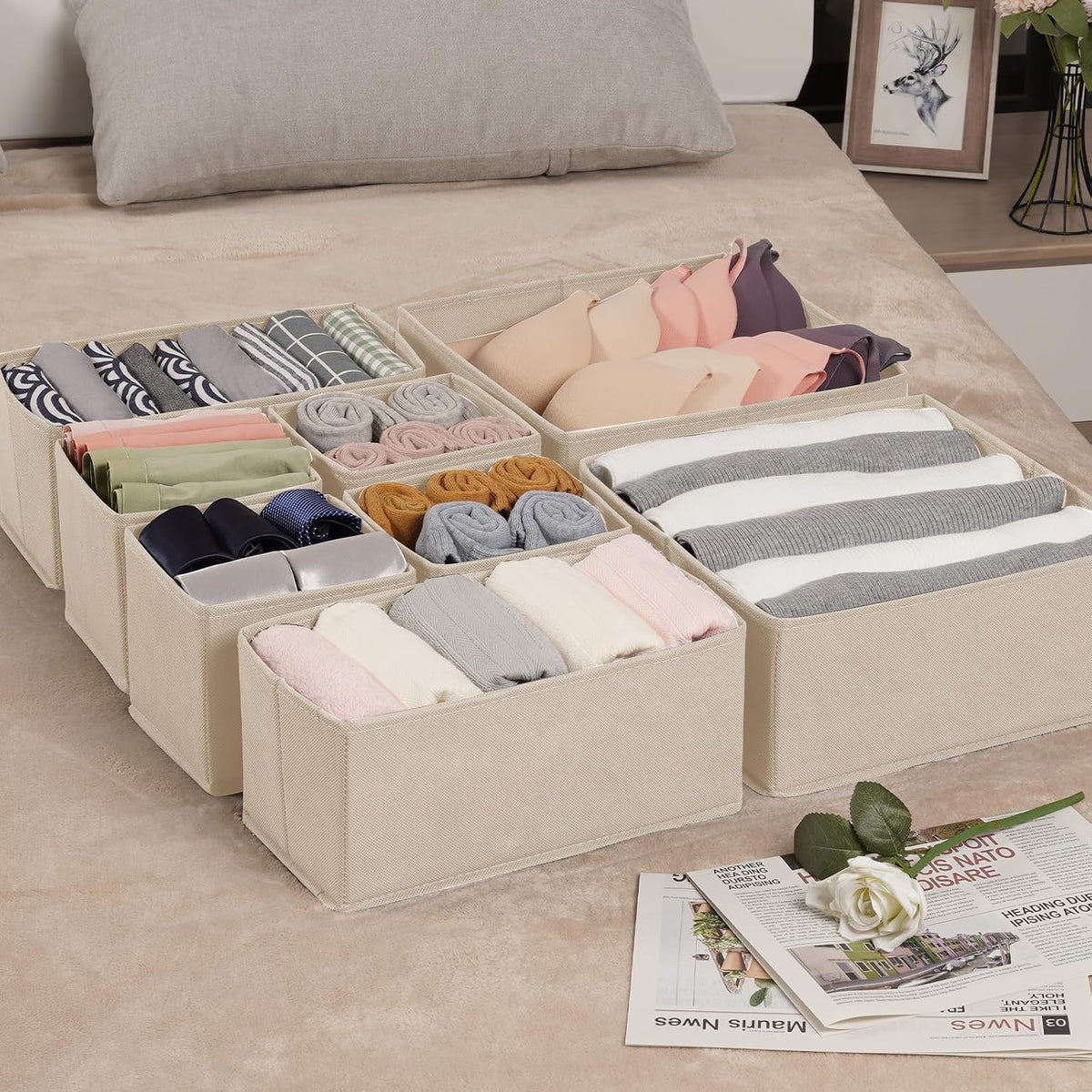 Criusia Drawer Organizer Clothes,16 Pack Underwear Drawer Organizers, Foldable Closet Organizers and Storage Dresser Drawer Dividers Clothing Organizer for Clothes, Socks, Scarves, Bra, Ties (Beige)