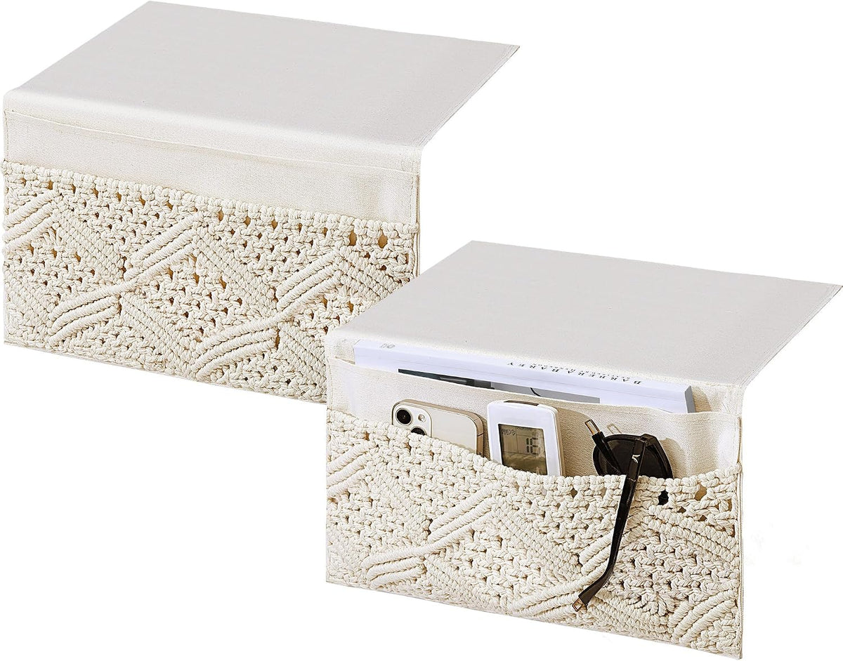 JaGely 2 Pcs 17.3 x 13 Inch Macrame Bedside Caddy Storage Organizer Hanging Boho Remote Control Holder Bedside Storage Basket for Home Couch Tablet Magazine Holder for TV Remote Control Living Room
