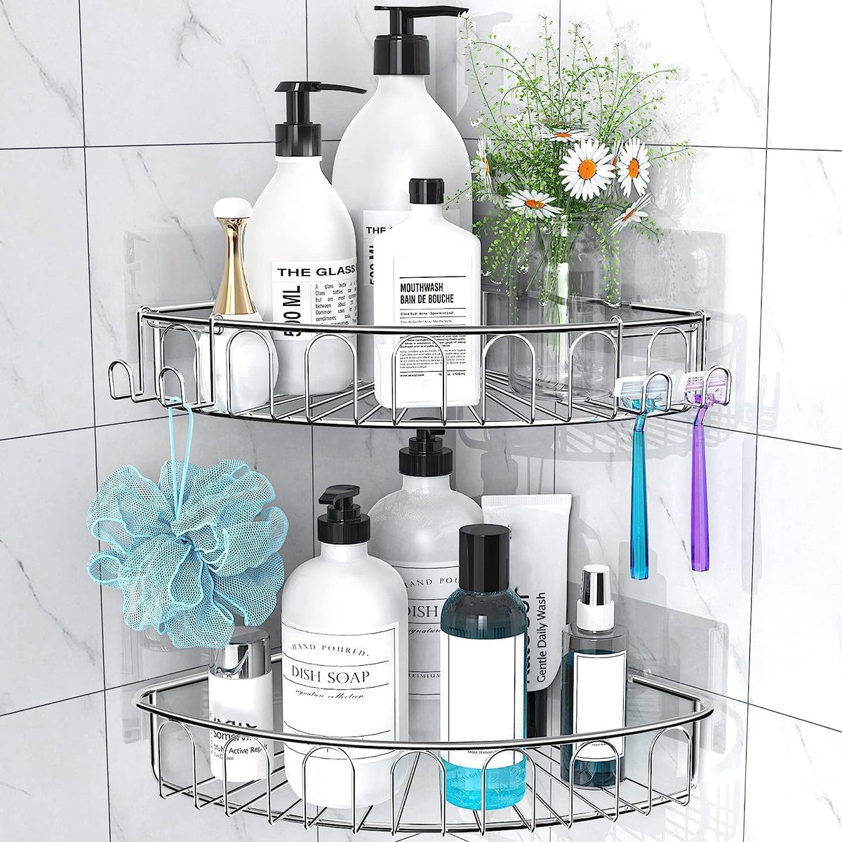 Orimade Corner Shower Caddy Stainless Steel with Hooks Wall Mounted Bathroom Shelf Storage Organizer Adhesive No Drilling 2 Pack, Silver Only for 90-Degree Corner