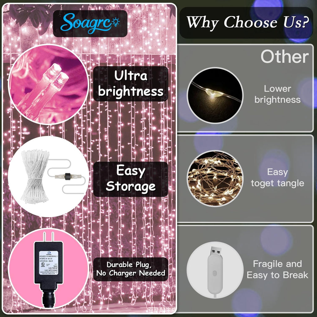 300 LED Pink Curtain String Lights 9.8x9.8FT, Plug in Fairy Lights, 9 Hooks, Dimmable Timer 8 Modes, IP44 Waterproof, Princess Girls Bedroom Wall Wedding Party Birthday Indoor Decor