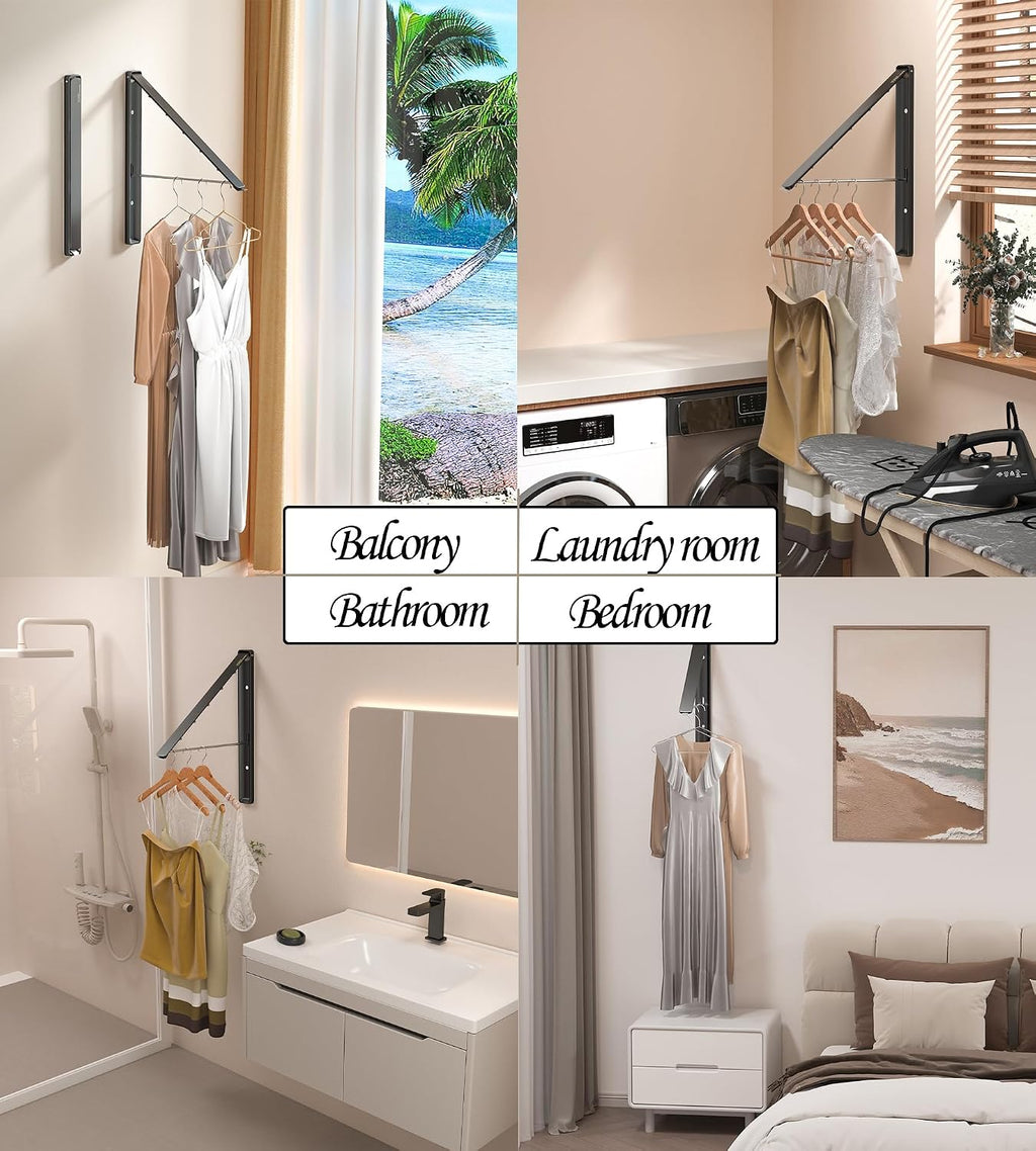 Dr.DJ Clothes Drying Rack, Wall-Mounted Retractable & Foldable Clothes Hanger for Laundry Room Organization and Storage, Metal Clothes Hanger Rack for Dorm, Closet, Balcony(1 Pack, Black)