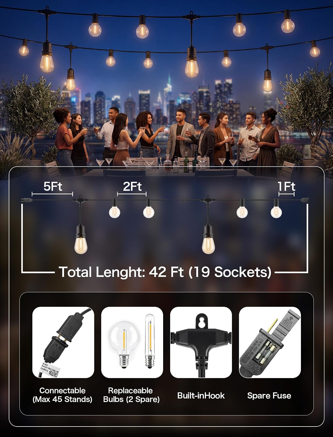 Outdoor String Lights, 42FT 19 G40 S14 LED Waterproof Patio Lights