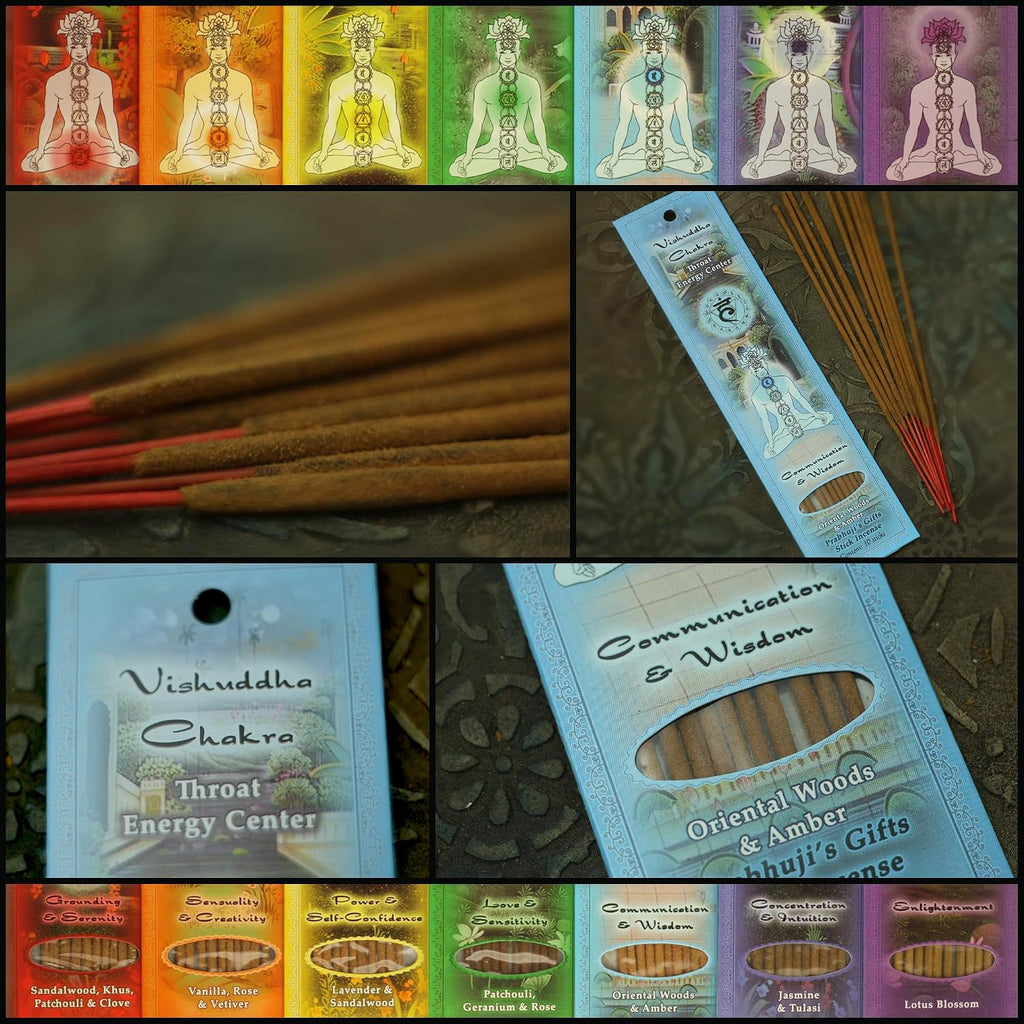 Prabhuji’s Gifts - Divine Chakra Incense Sticks - Vishuddha Throat Energy - Handmade Herbal Indian Incense - Agarbatti for Meditation & Cleansing - Ether Element, Communication & Wisdom (10 Pack)