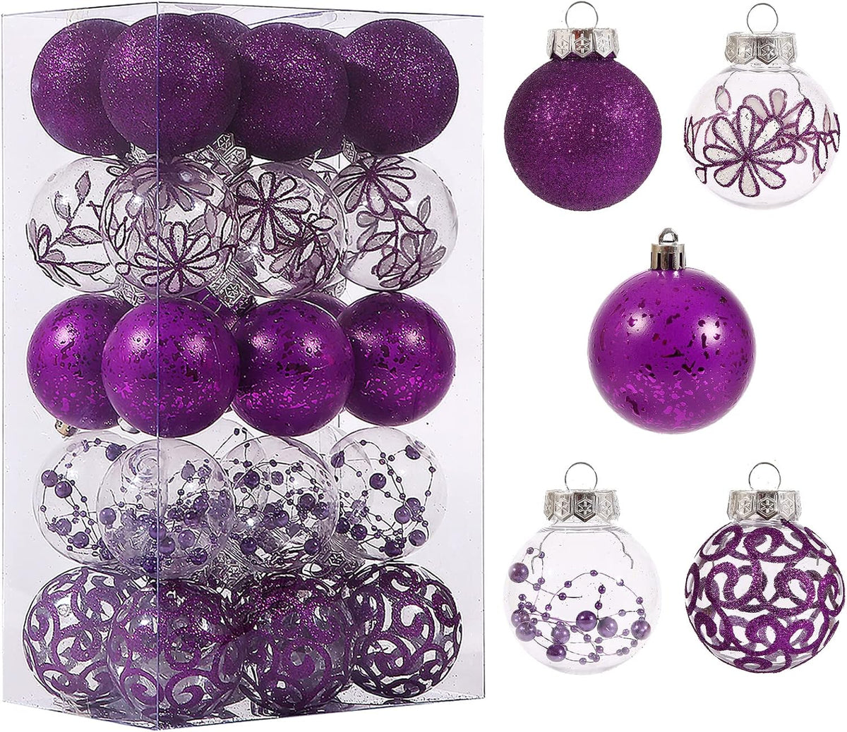 Clear Christmas Ornaments Set 30ct 2.36" Purple Shatterproof Christmas Ball