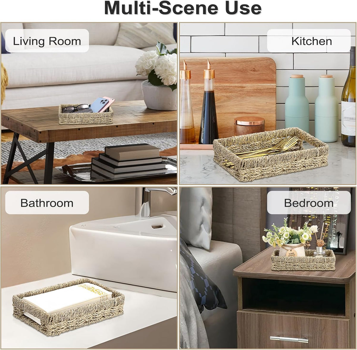 Bathroom Vanity Tray, Seagrass Narrow Counter Basket with Handles