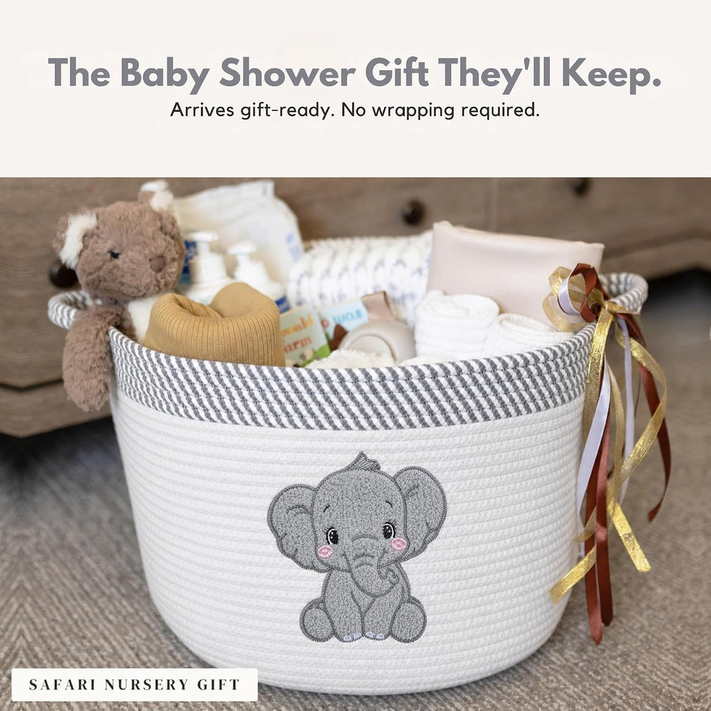 Elephant Baby Storage Basket, Woven Cotton Rope Nursery Bin, 15x11 in