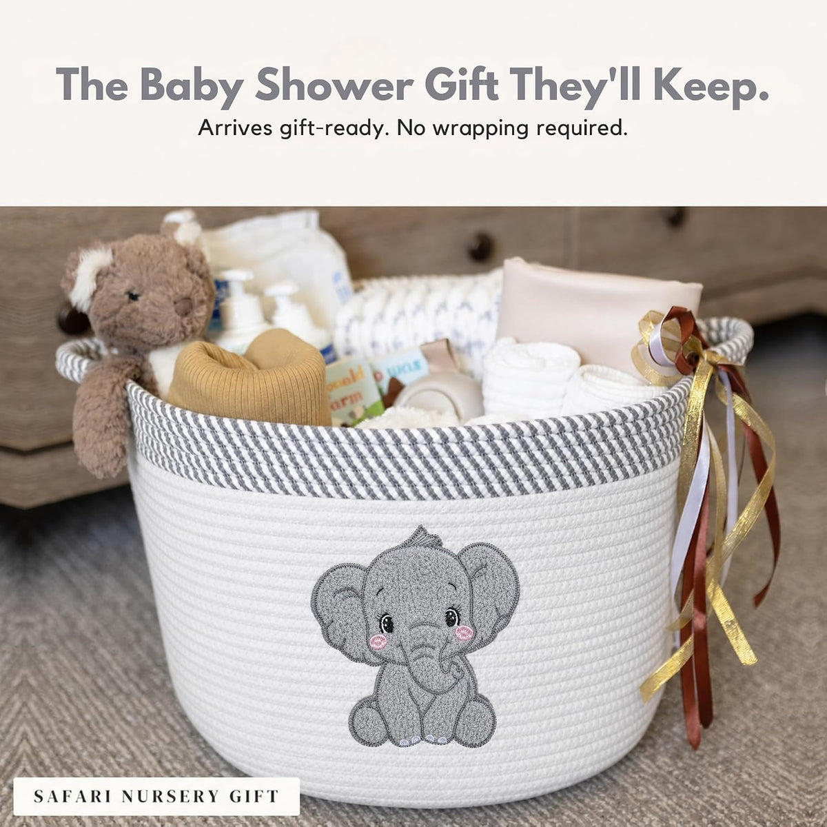 Elephant Baby Storage Basket, Woven Cotton Rope Nursery Bin, 15x11 in